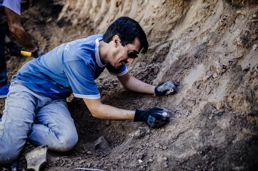 Noticias de Mar del Plata. Avanzan los trabajos para recuperar los restos fósiles del gliptodonte hallado en Plaza España